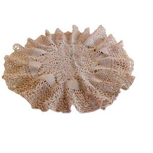 Vintage Grandma's Hand Crochet Ruffled 17" Handmade Beige Table Topper Pineapple